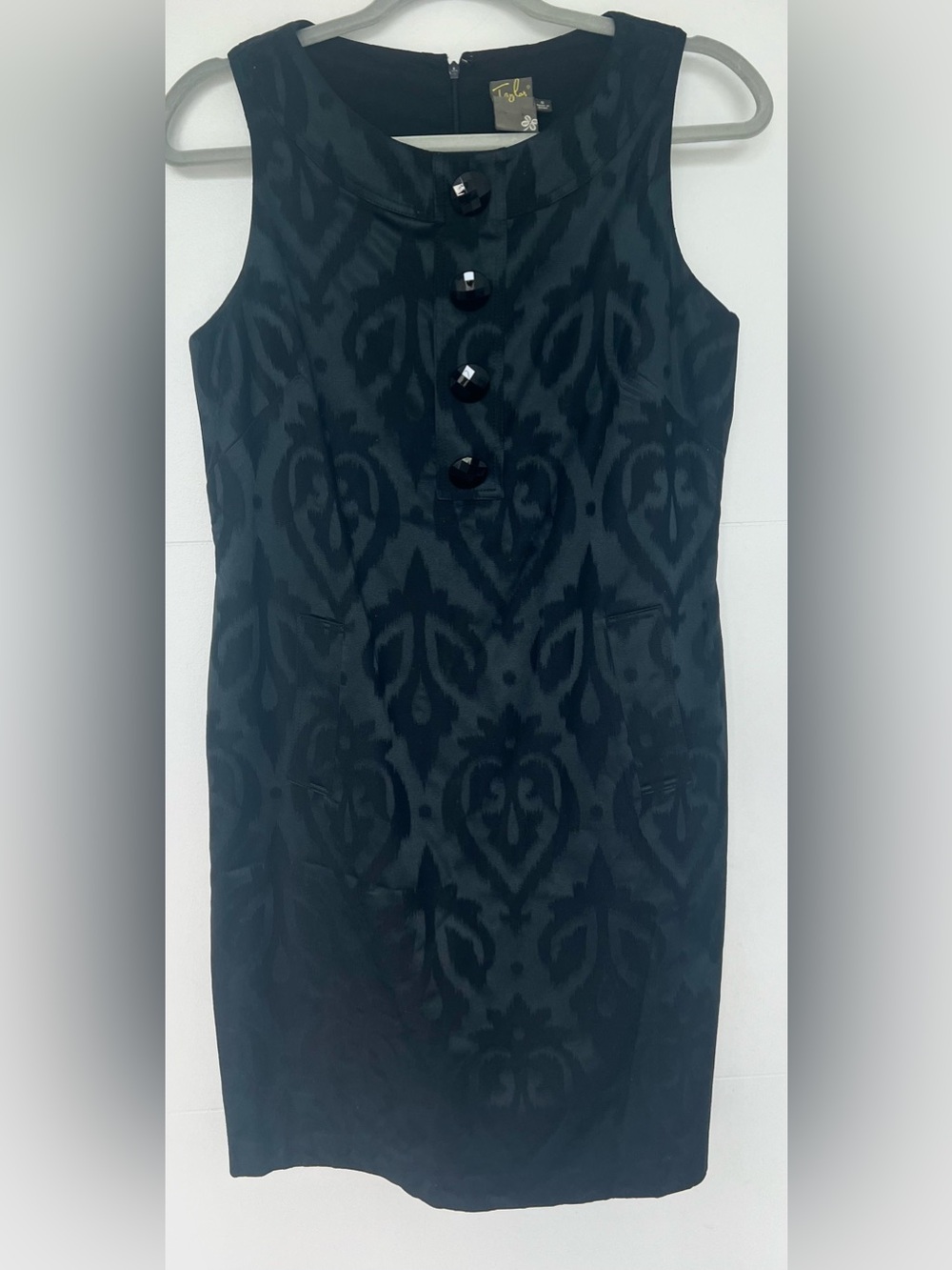 Taylor Black Paisley Sheath Dress Size 8 Sleevelss Button Front Pockets